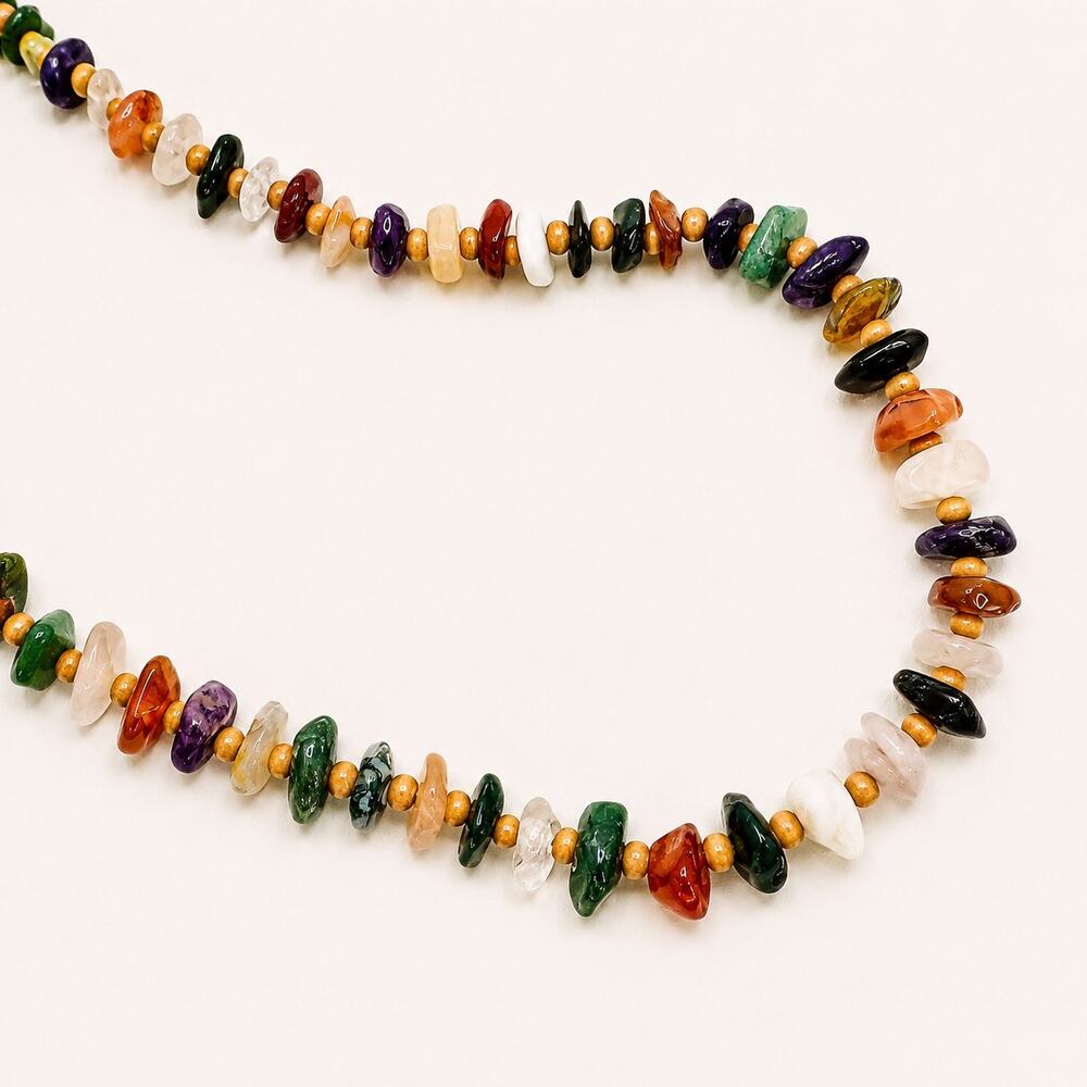 Multicolor Stone Chip Bead Necklace Cream Tone Spacers 30 Inch N645 - Picture 3 of 4